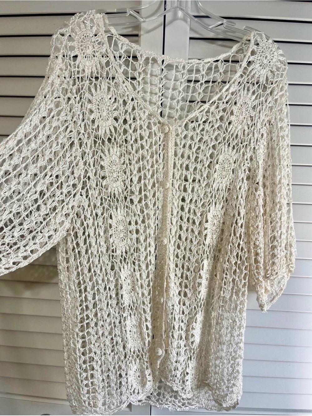 Crochet Open-Weave Button Half Sleeve Tunic in Cream